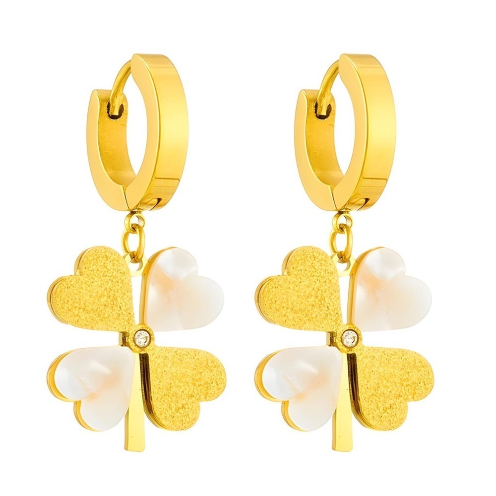 Mother of Pearl Clover Charm Hoop Earrings 18K Gold Plated Waterproof